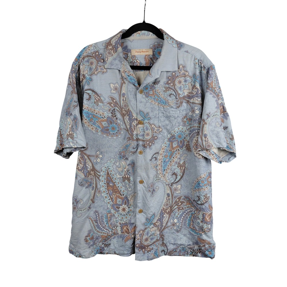 Tommy Bahama Mens Large Blue Paisley 100% Silk Short Sleeve Camp Shirt